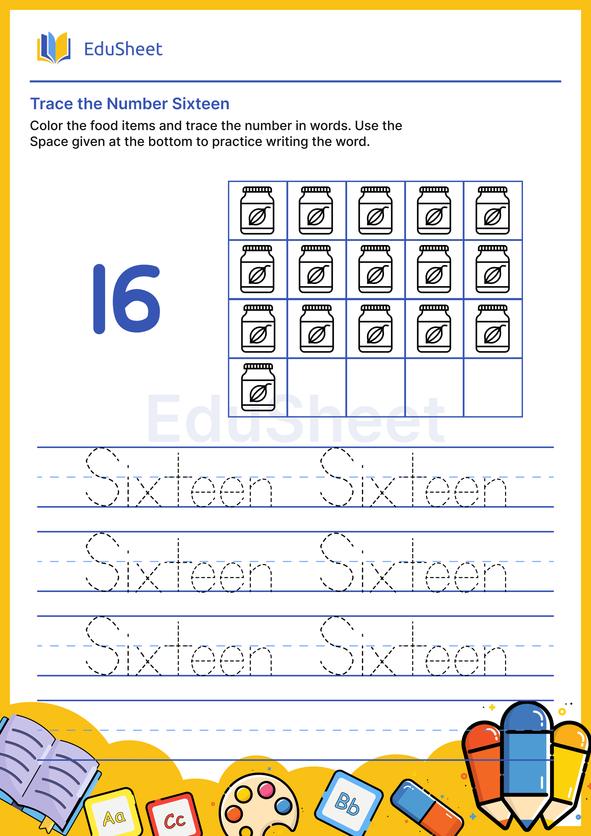 Trace food items Numbers in Words "Sixteen" Trace food items Numbers in Words "Sixteen"