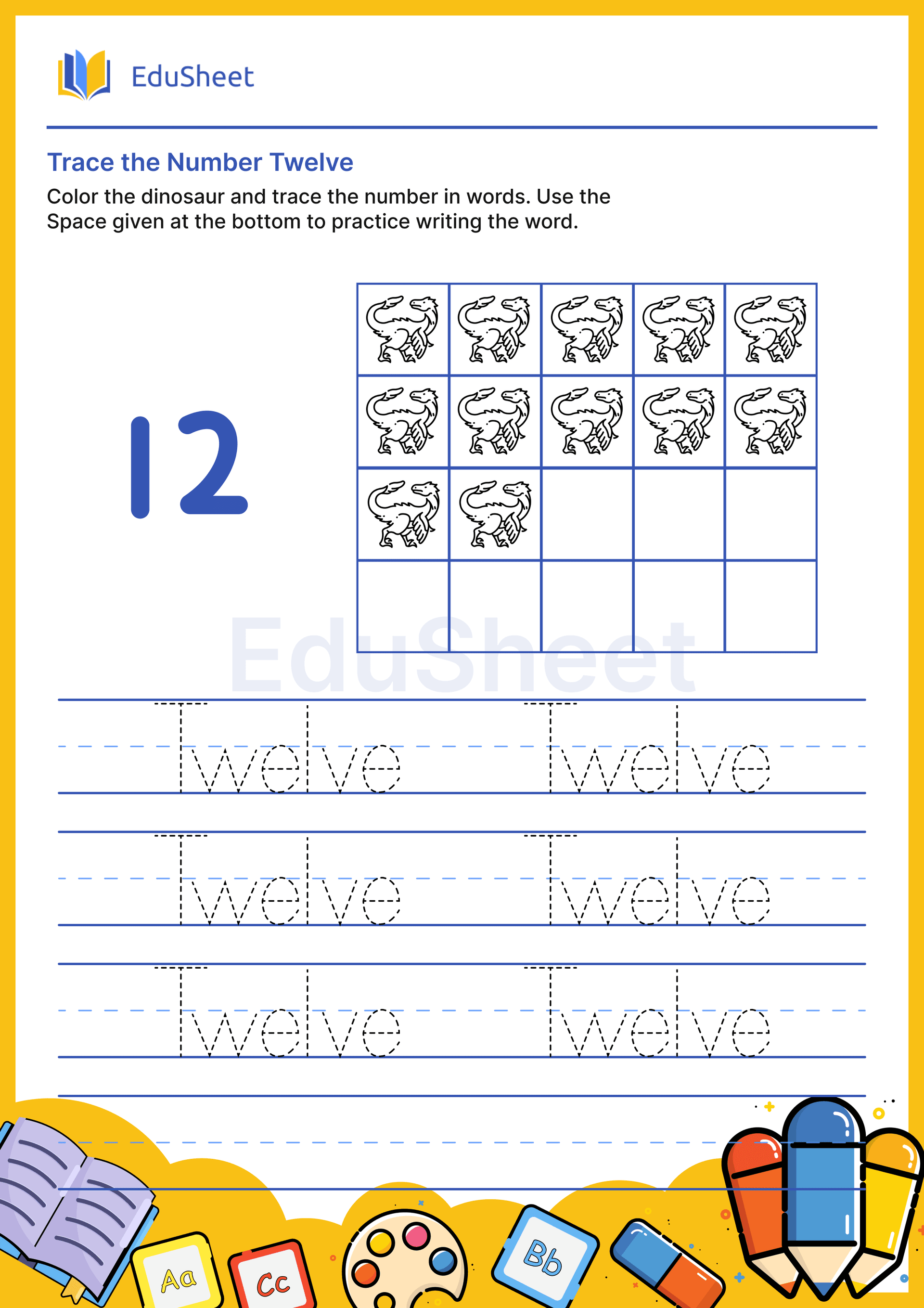 Trace dinosaur Numbers in Words "Twelve" Trace dinosaur Numbers in Words "Twelve"