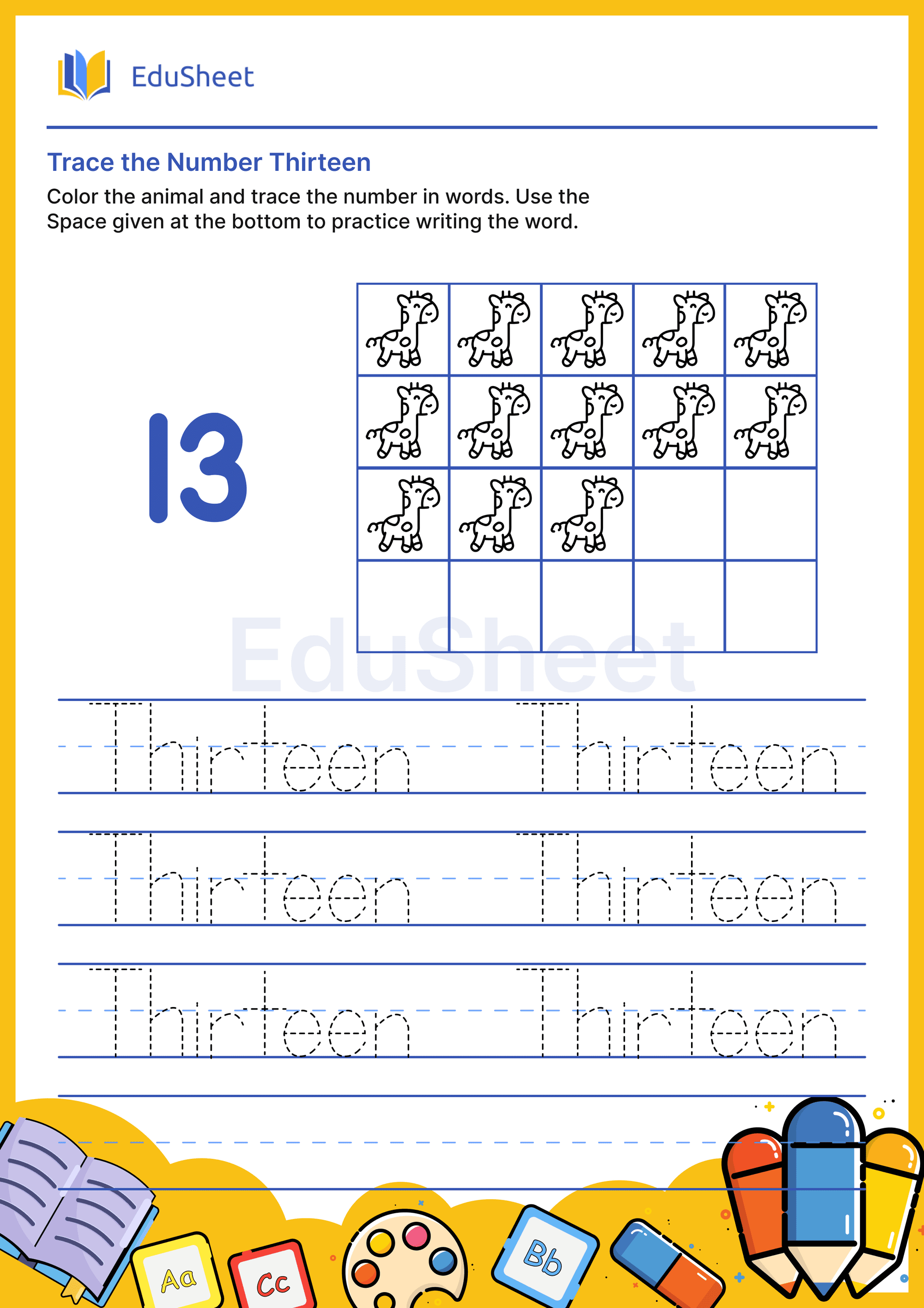 Trace Animal Numbers in Words "Thirteen" Trace Animal Numbers in Words "Thirteen"