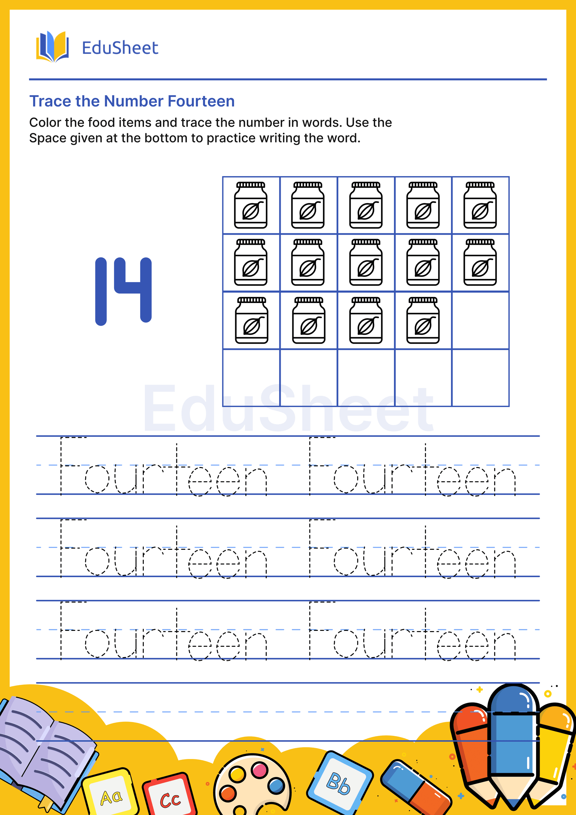 Trace food items Numbers in Words "Fourteen" Trace food items Numbers in Words "Fourteen"