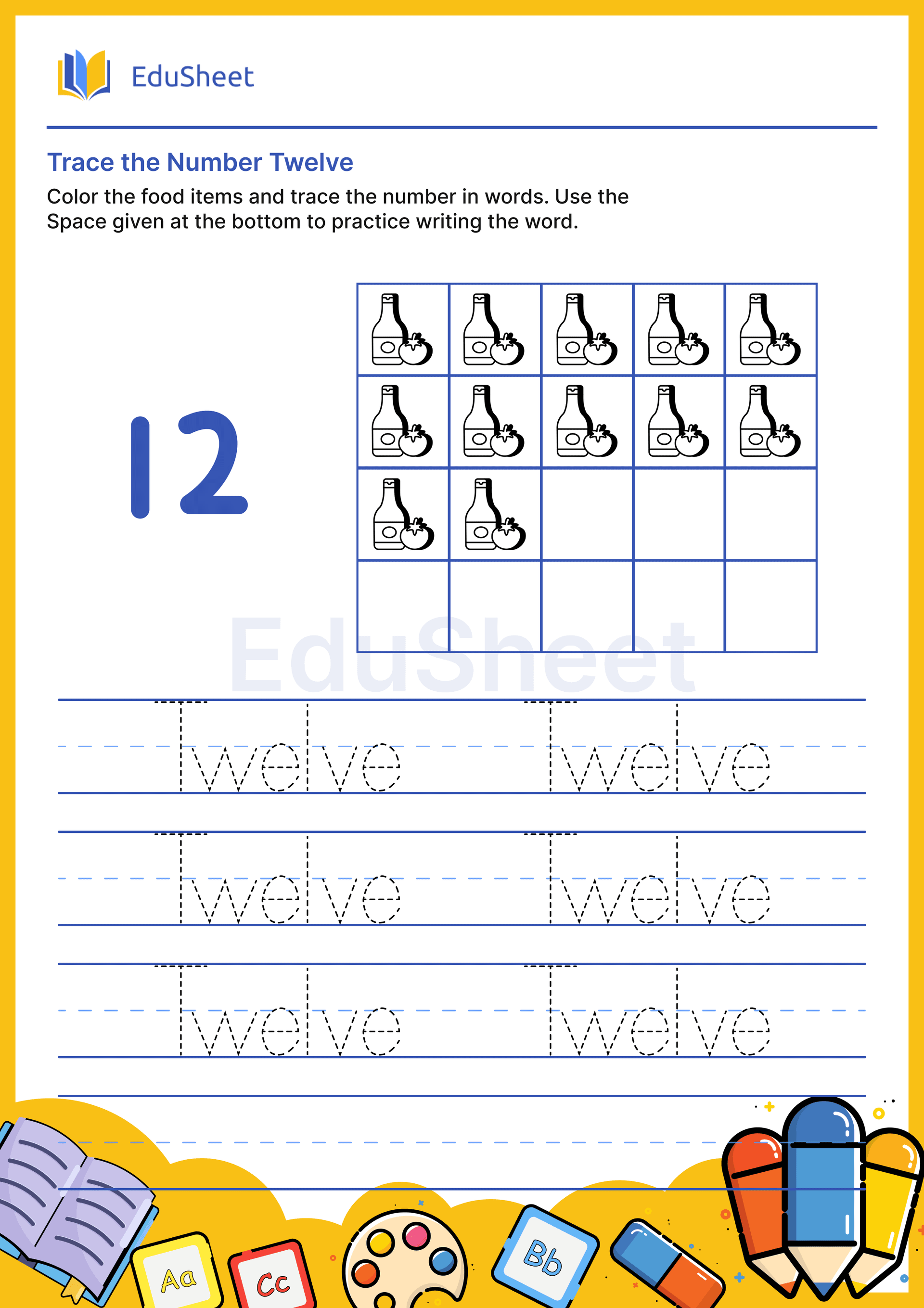 Trace food items Numbers in Words "Twelve" Trace food items Numbers in Words "Twelve"