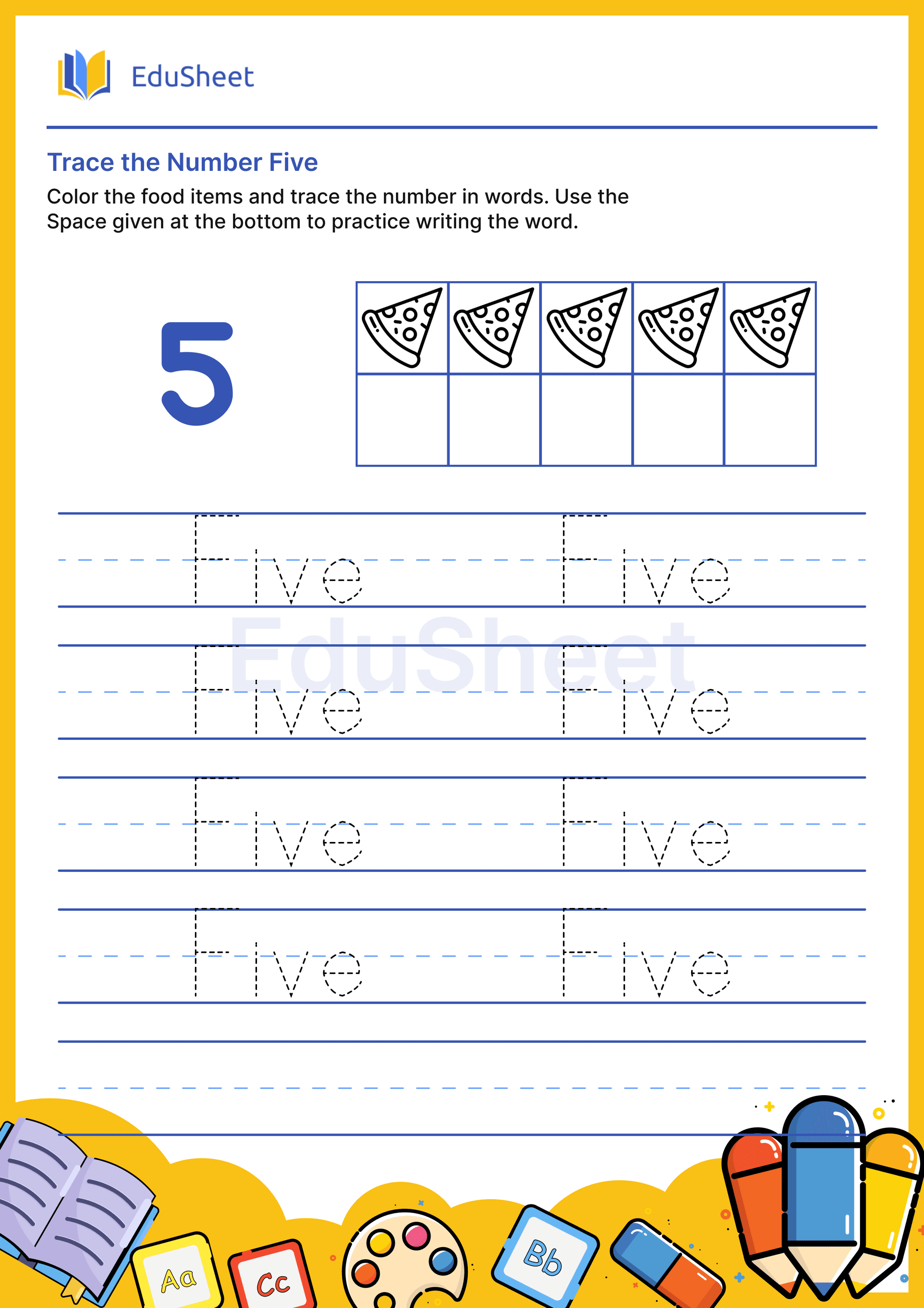 Trace food items Numbers in Words "Five" Trace food items Numbers in Words "Five"