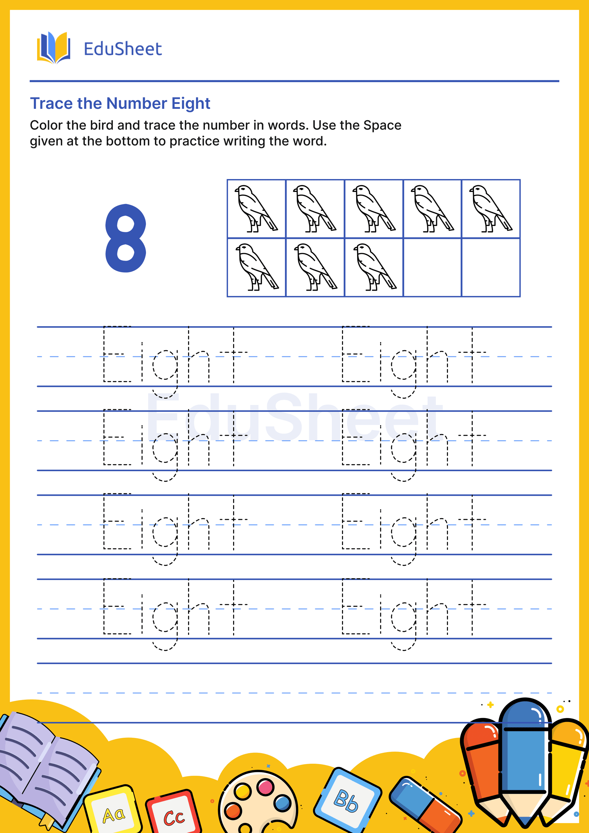 Trace Bird Numbers in Words "Eight" Trace Bird Numbers in Words "Eight"