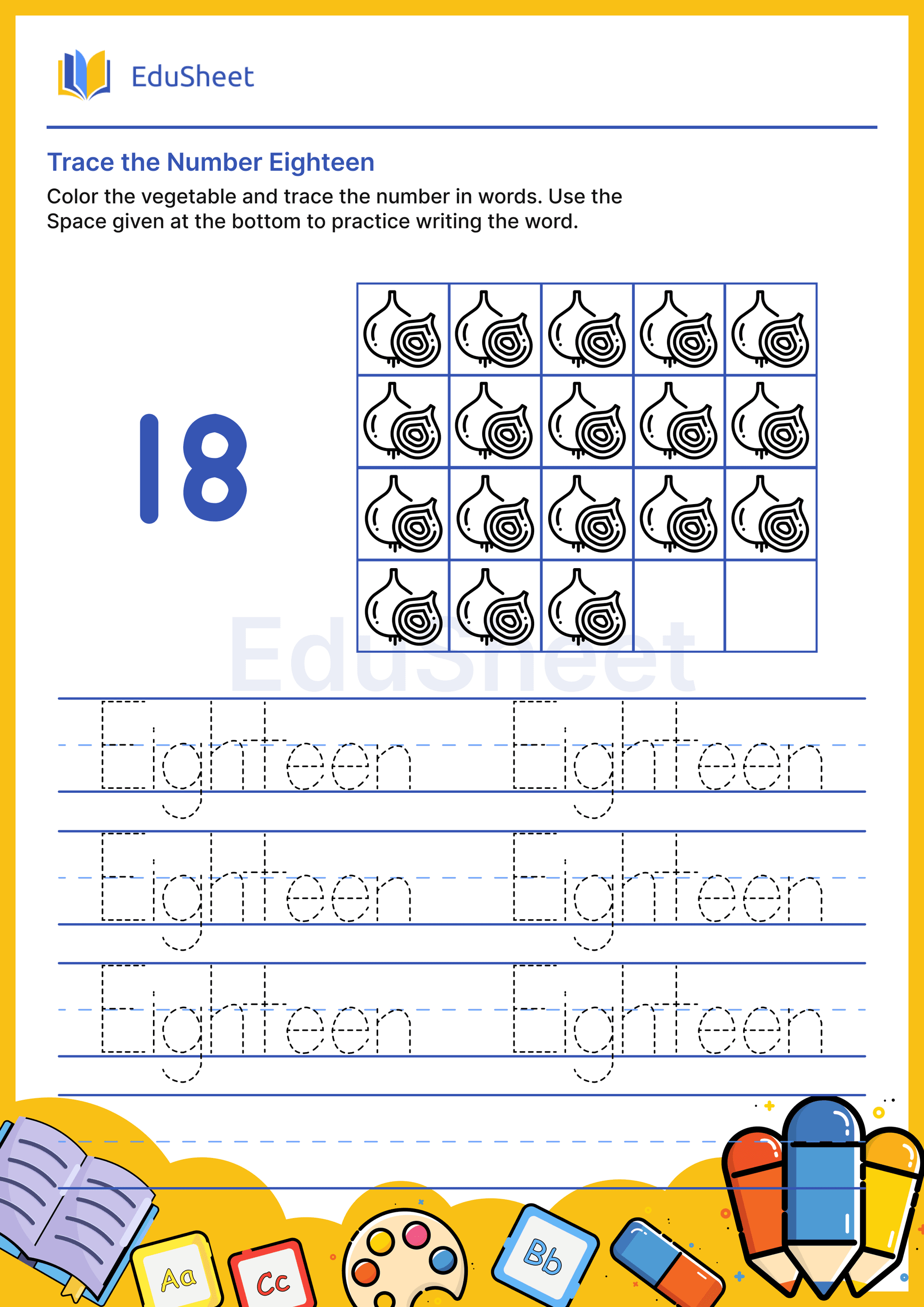 Trace vegetables Numbers in word "Eighteen" Trace vegetables Numbers in word "Eighteen"