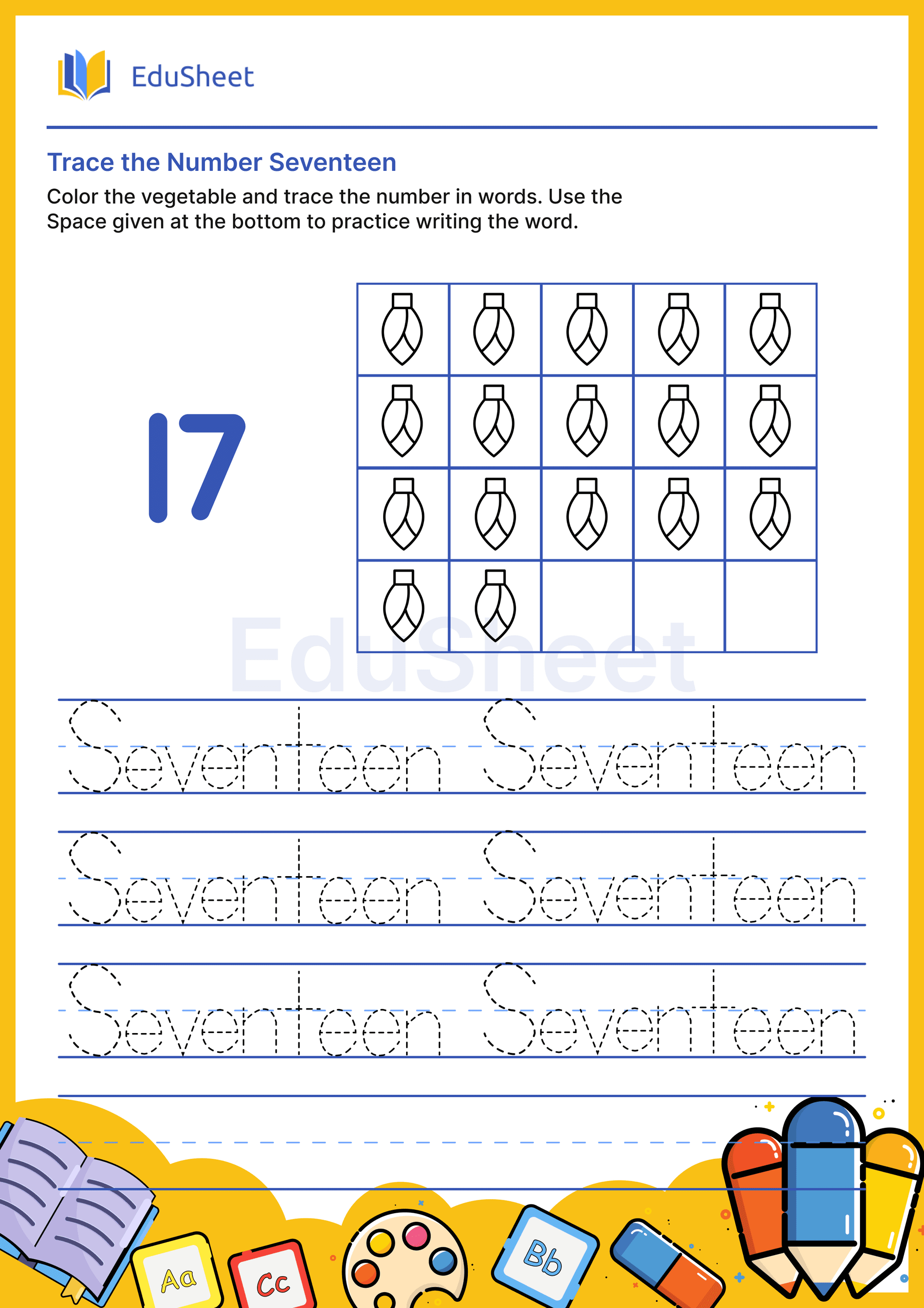 Trace vegetables Numbers in word "Seventeen" Trace vegetables Numbers in word "Seventeen"