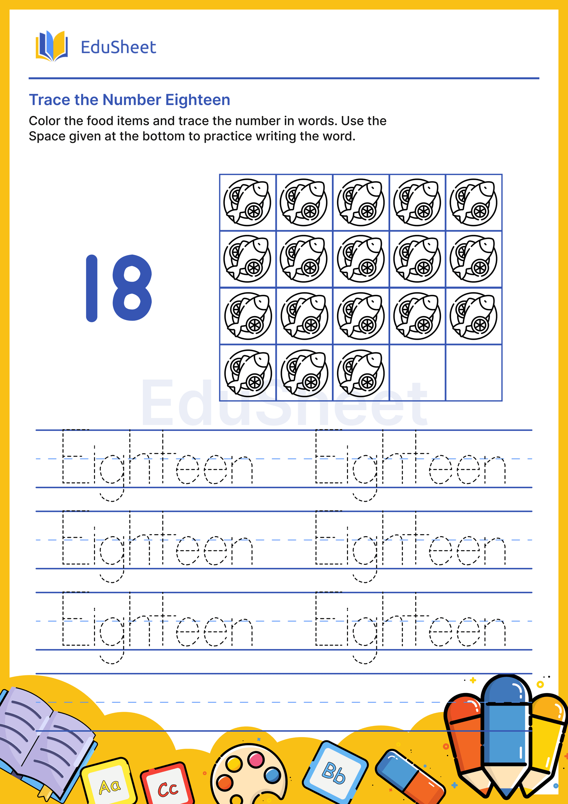 Trace food items Numbers in Words "Eighteen" Trace food items Numbers in Words "Eighteen"