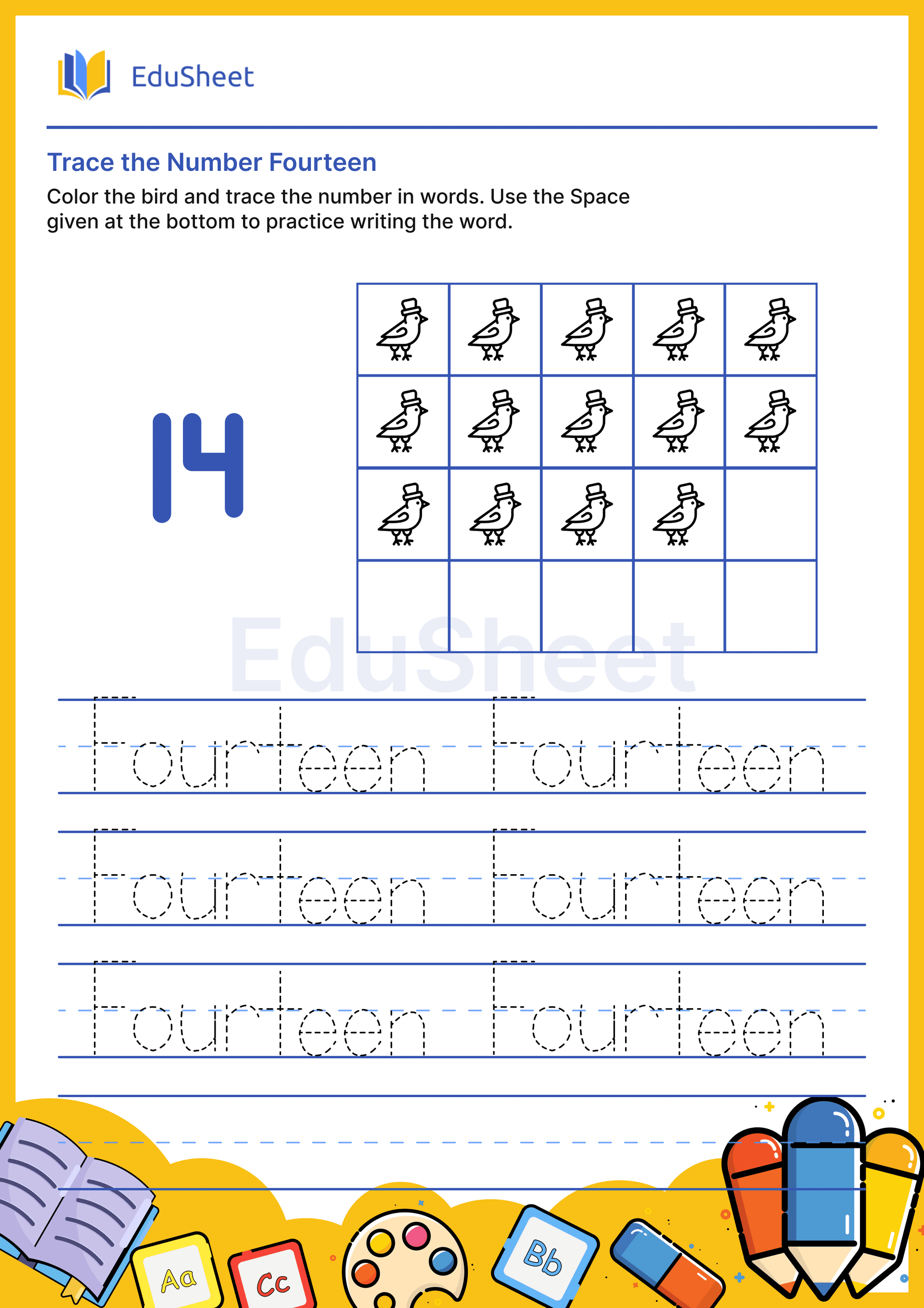 Trace Bird Numbers in Words "Fourteen" Trace Bird Numbers in Words "Fourteen"