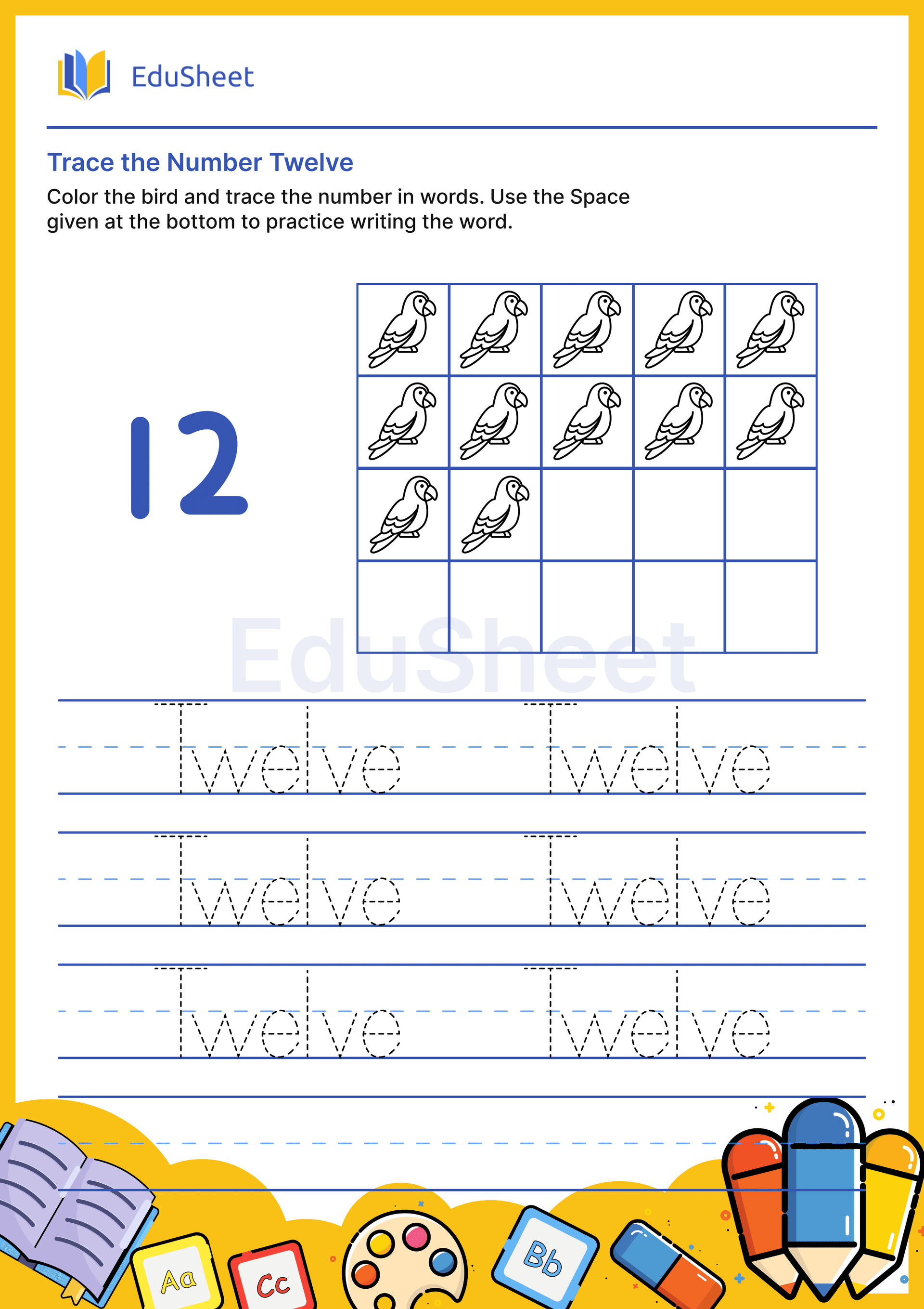 Trace Bird Numbers in Words "Twelve" Trace Bird Numbers in Words "Twelve"