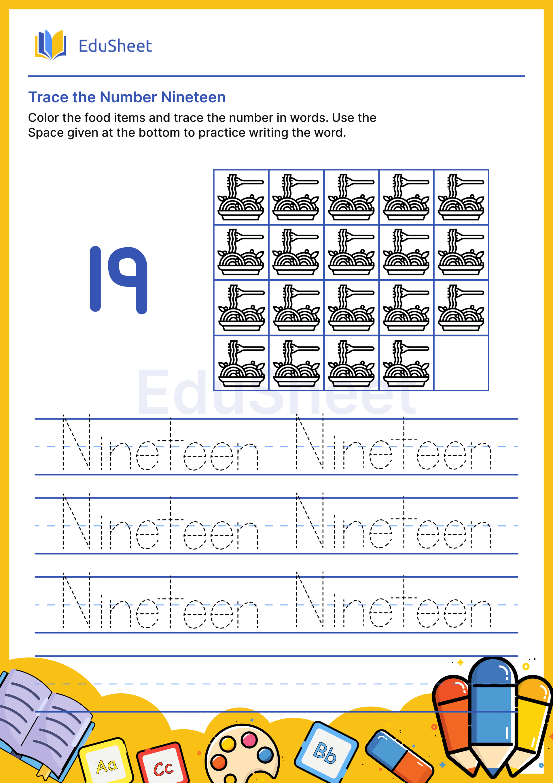 Trace food items Numbers in Words "Nineteen" Trace food items Numbers in Words "Nineteen"