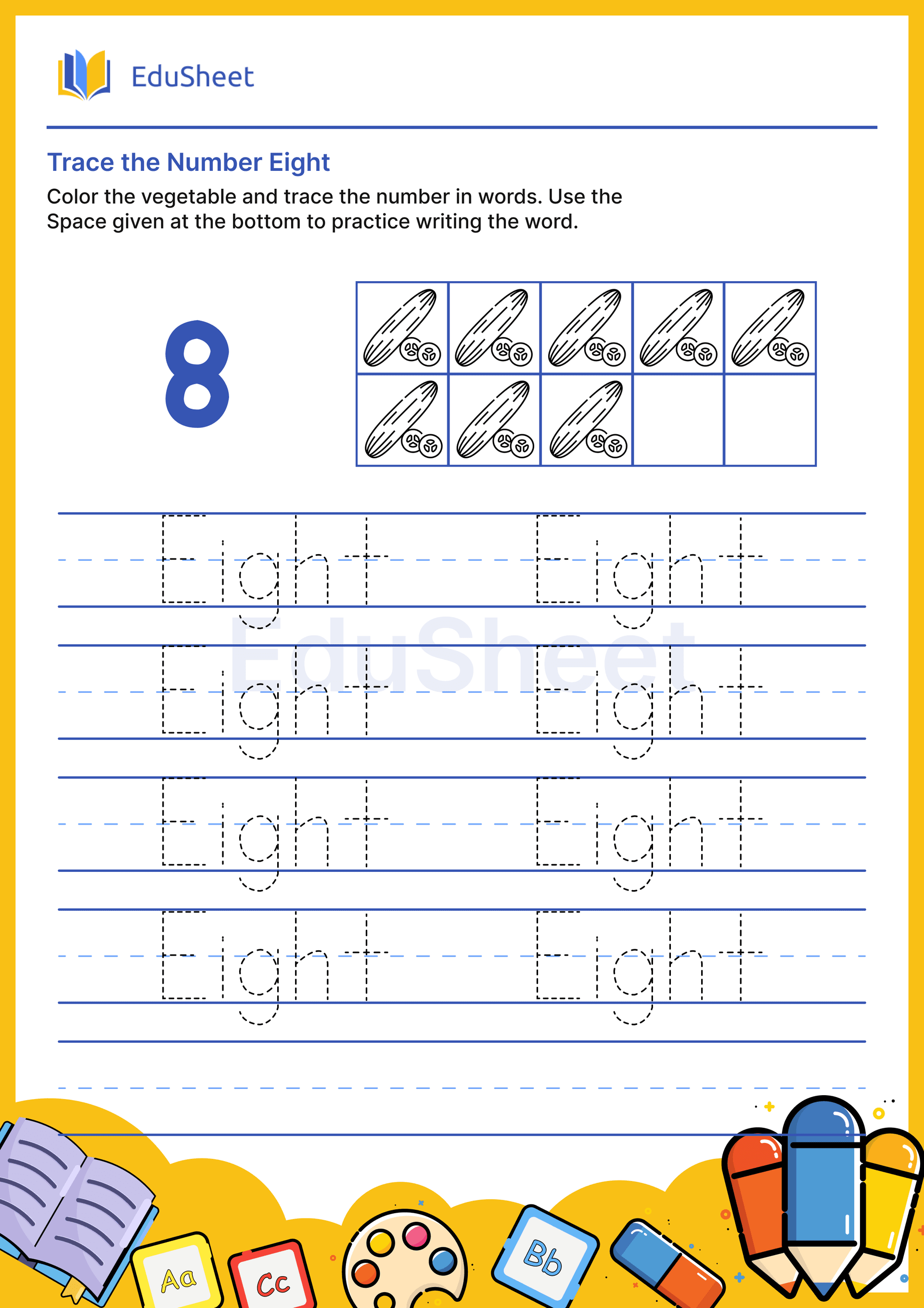 Trace vegetables Numbers in word "Eight" Trace vegetables Numbers in word "Eight"