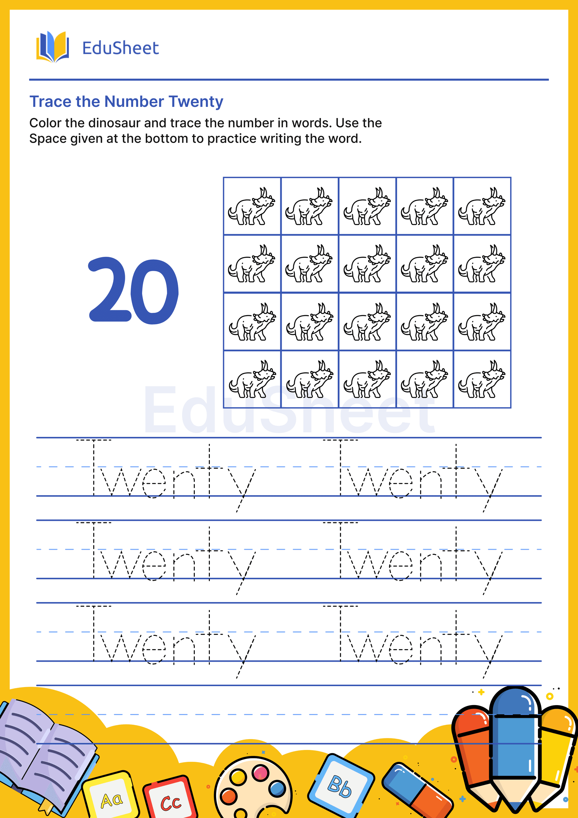Trace dinosaur Numbers in Words "Twenty" Trace dinosaur Numbers in Words "Twenty"