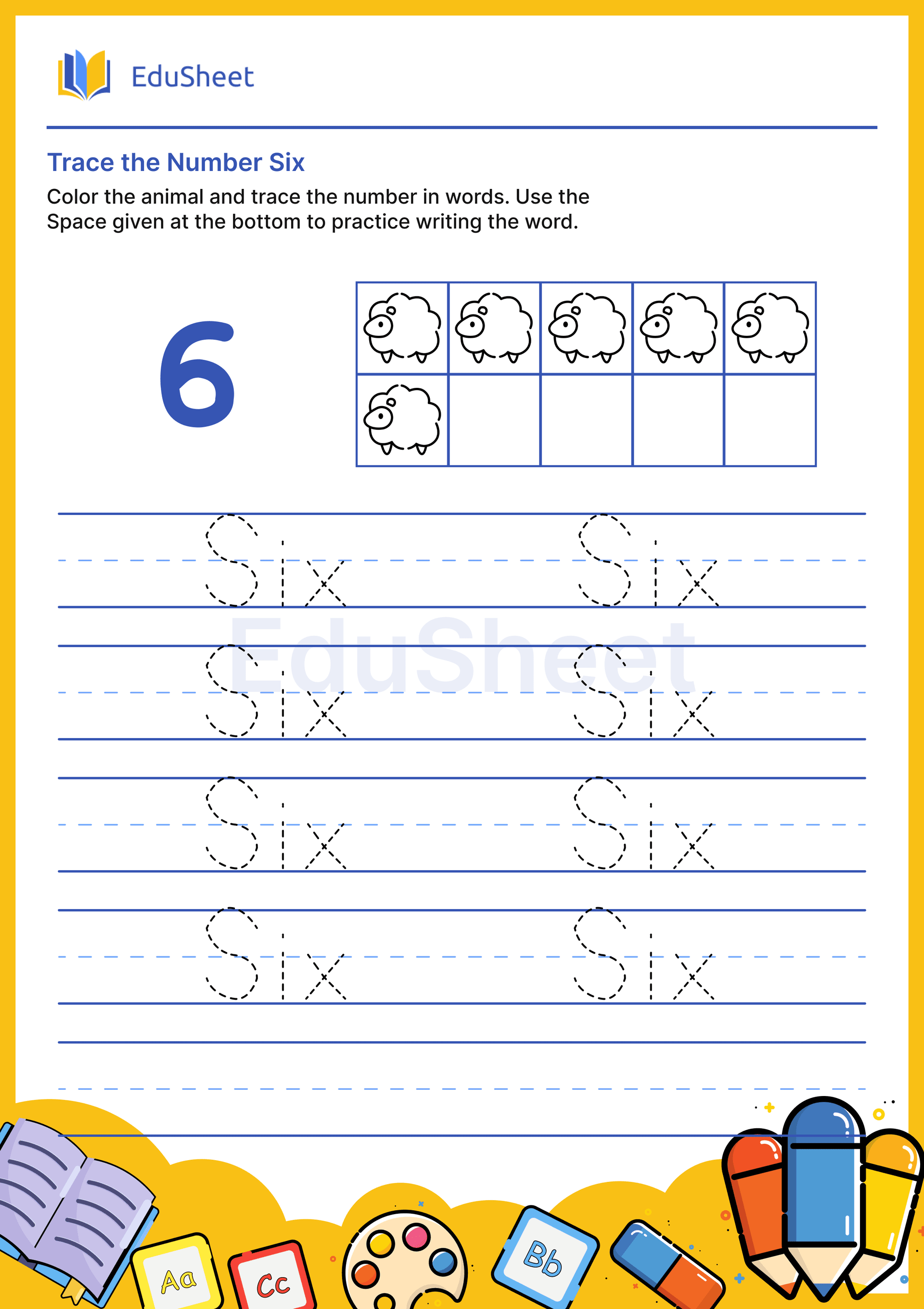 Trace Animal Numbers in Words "Six" Trace Animal Numbers in Words "Six"