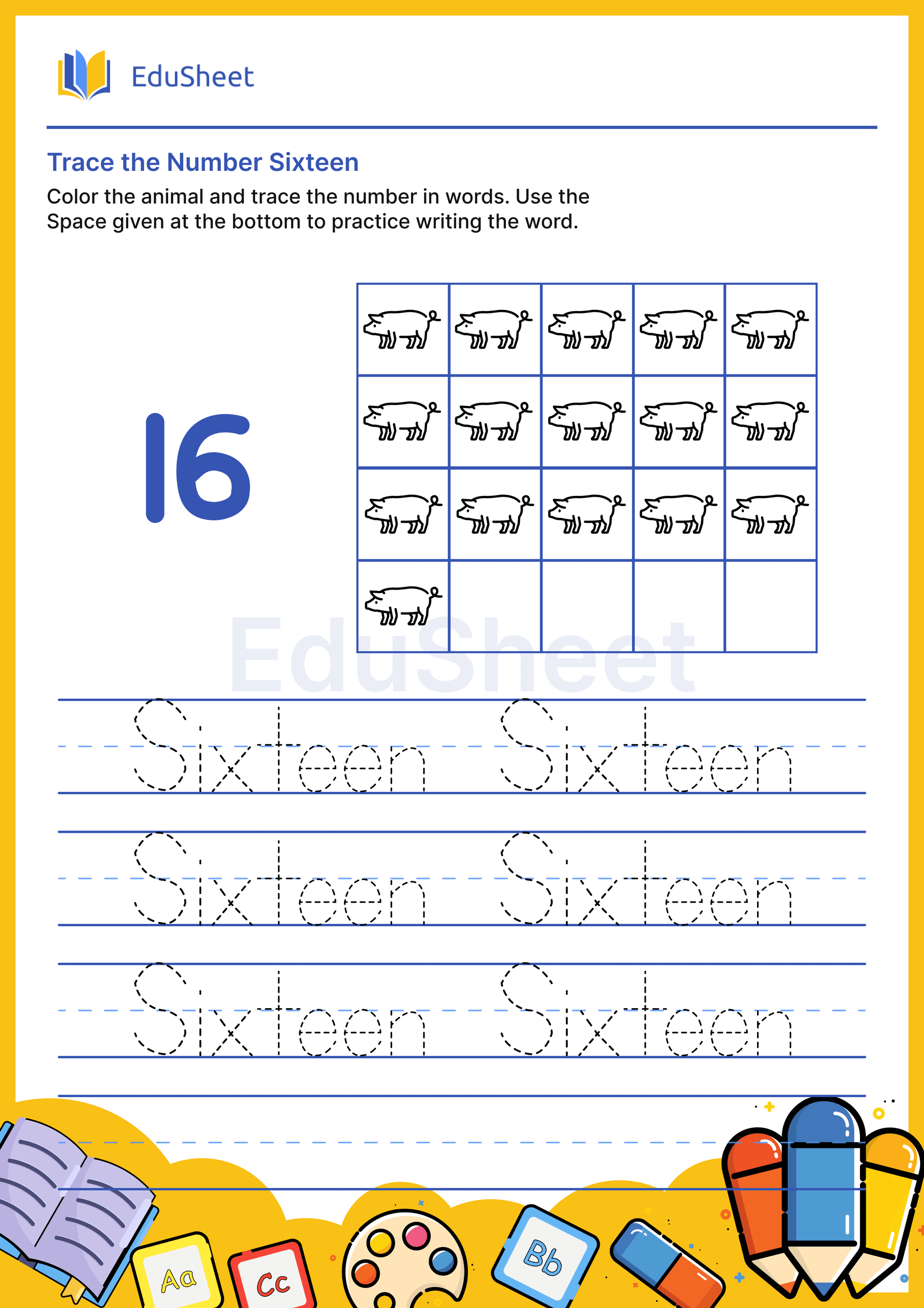 Trace Animal Numbers in Words "Sixteen" Trace Animal Numbers in Words "Sixteen"