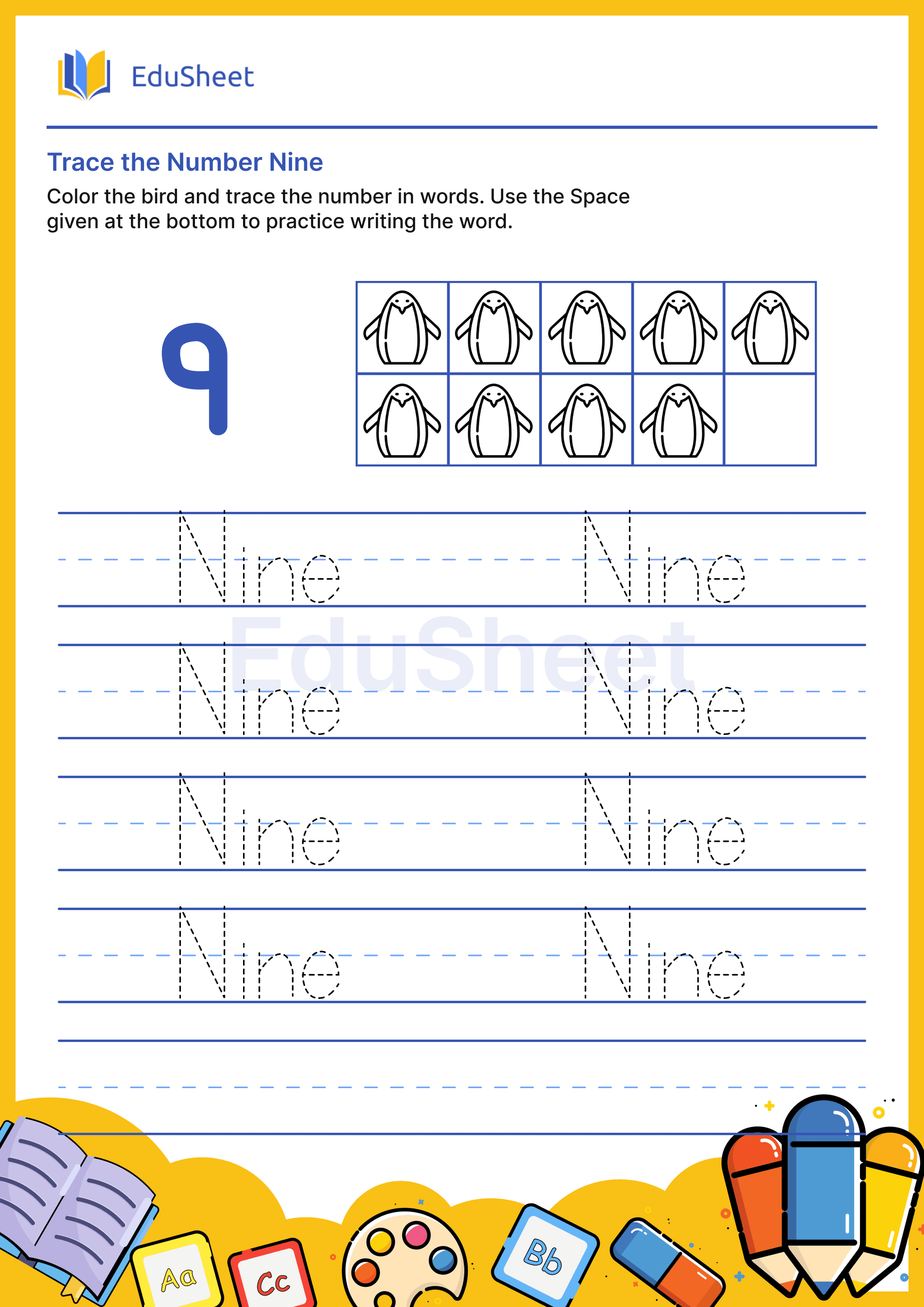 Trace Bird Numbers in Words "Nine" Trace Bird Numbers in Words "Nine"