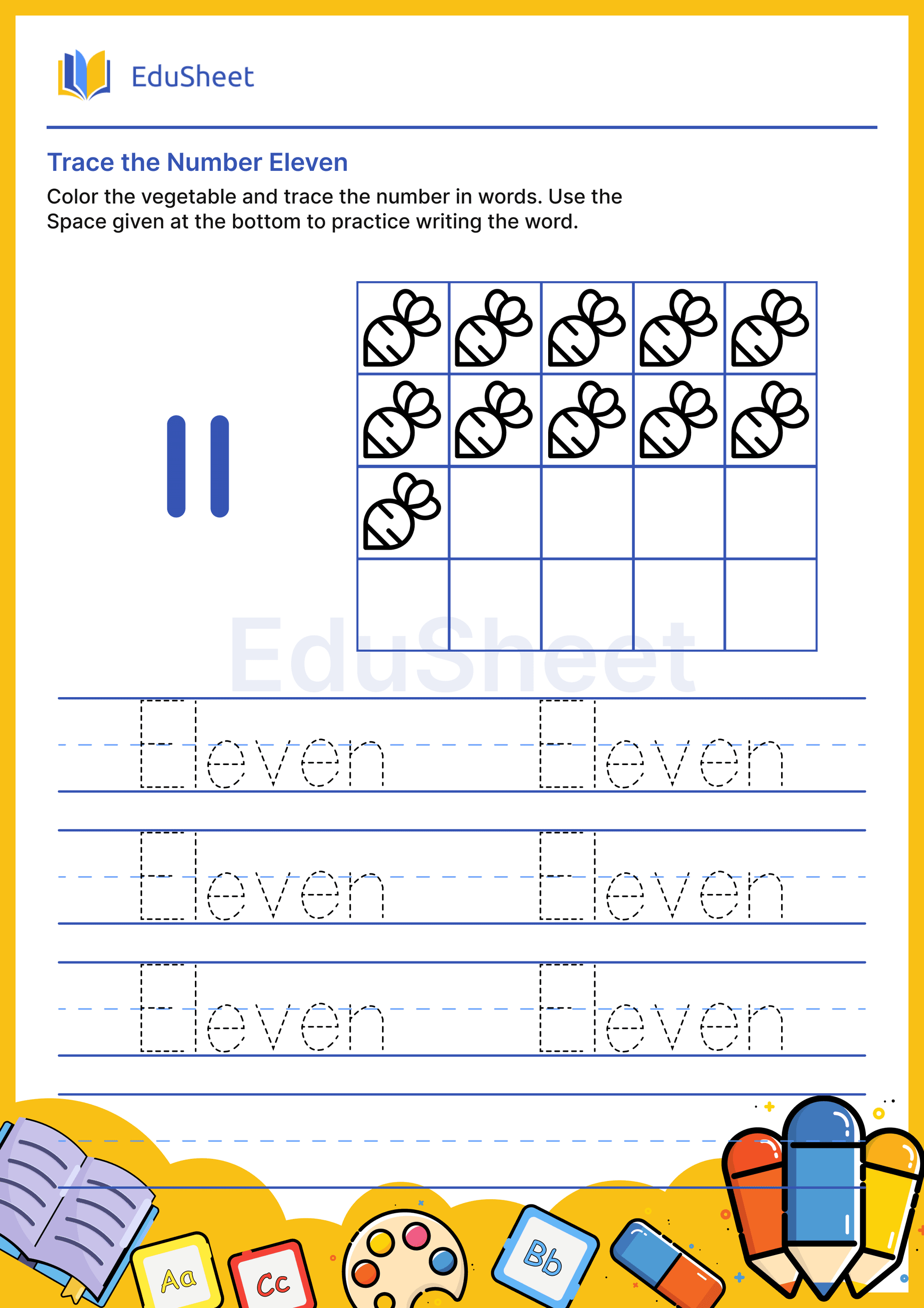 Trace vegetables Numbers in word "Eleven" Trace vegetables Numbers in word "Eleven"