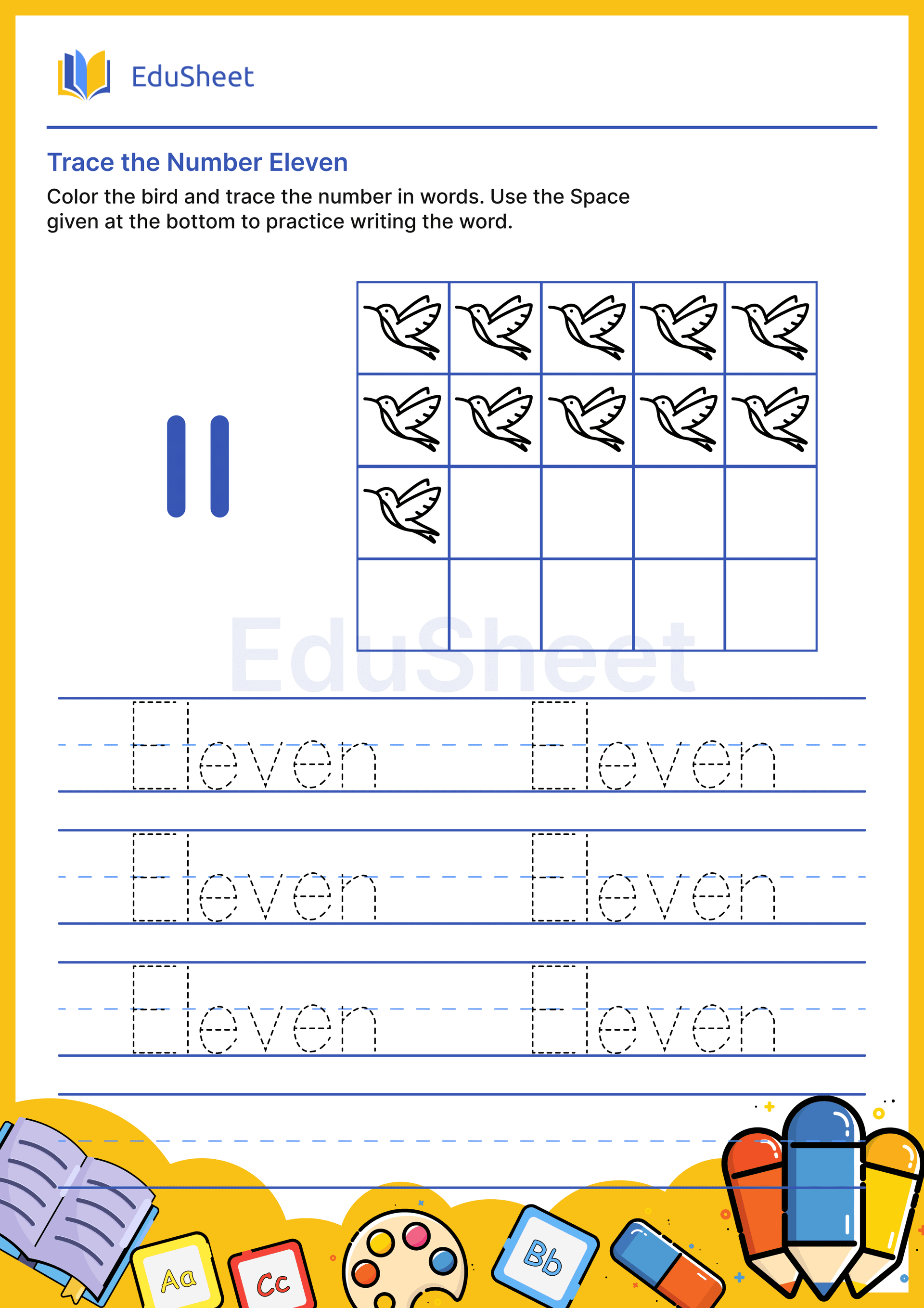 Trace Bird Numbers in Words "Eleven" Trace Bird Numbers in Words "Eleven"