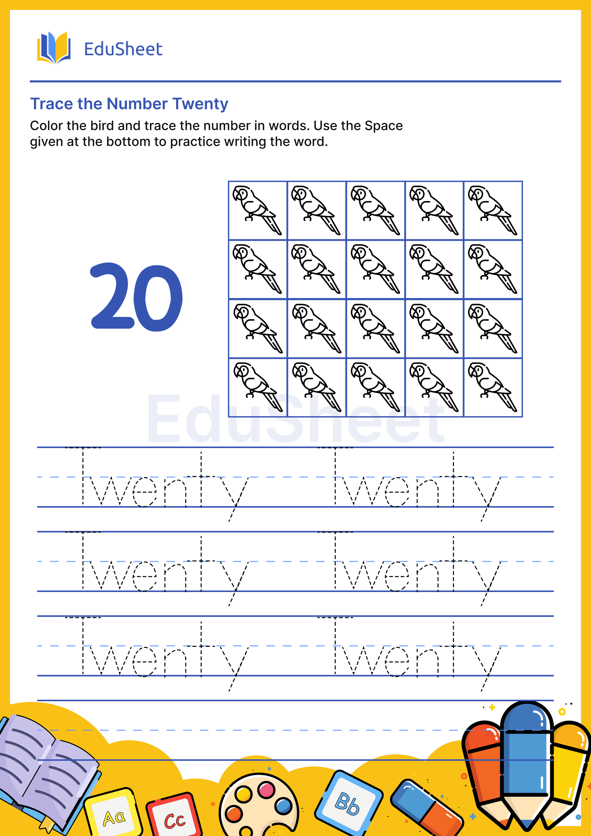 Trace Bird Numbers in Words "Twenty" Trace Bird Numbers in Words "Twenty"